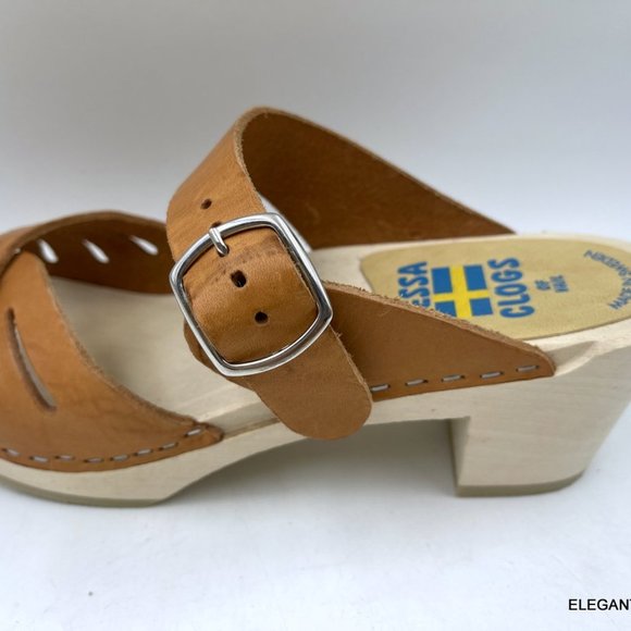 Tessa Clogs of Vail 6.5 M Tan Brown Leather Wood Sandals Made in Sweden EU 37 - Picture 8 of 13